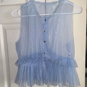 Sheer Ruffle Peplum Button-Front Top - Light Blue